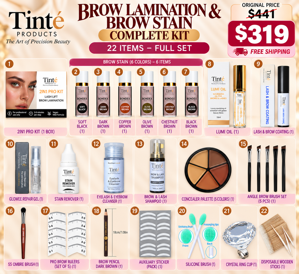 Brow Lamination & Brow Stain Kit - 22 items - Limited Deal