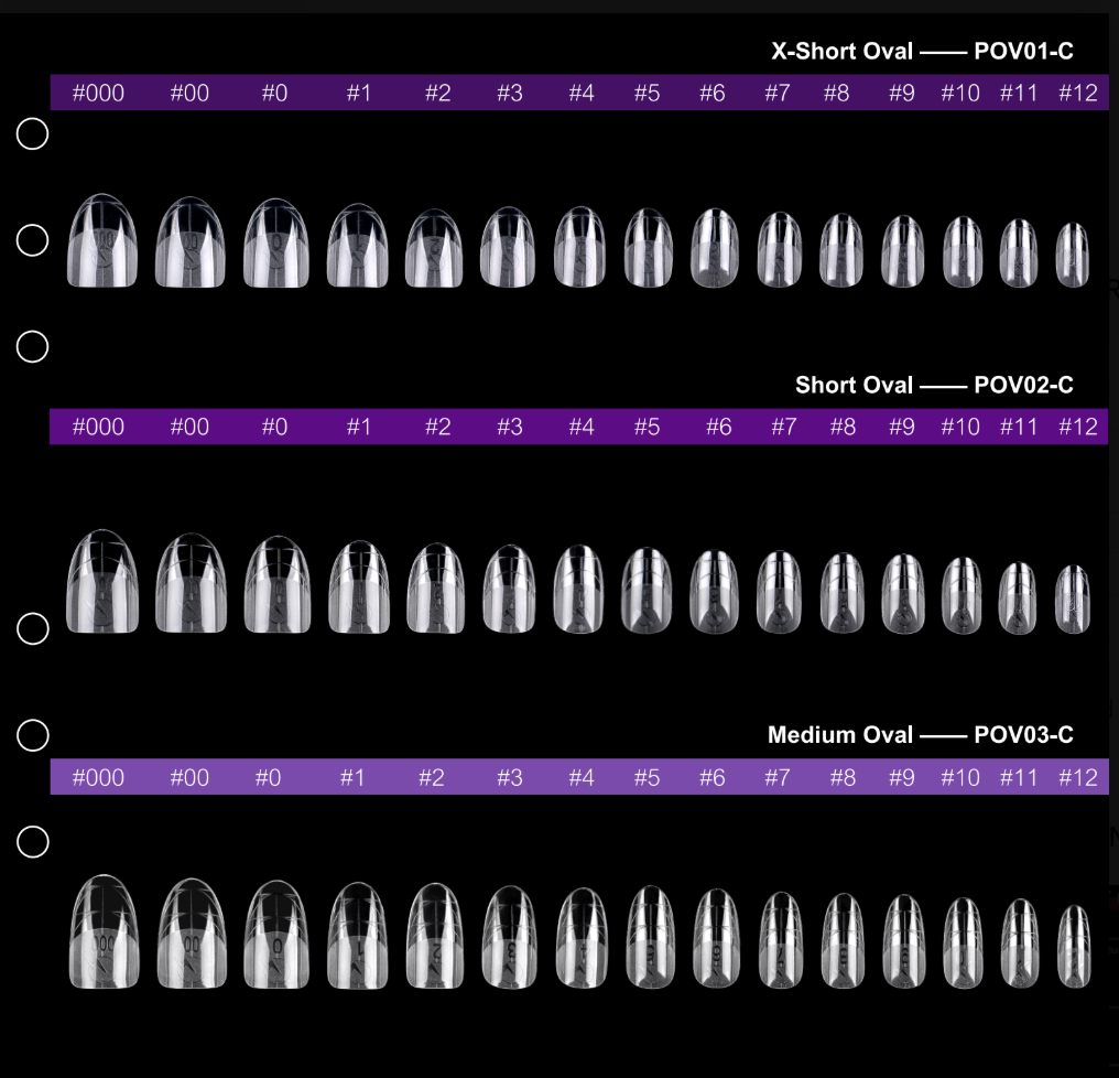 PRO QX TIPS- EXTRA SHORT OVAL-CLEAR-750 PCS- HALF MATTE- 15 SIZES - PRO GUIDE LINES- BUY 1 FREE 1