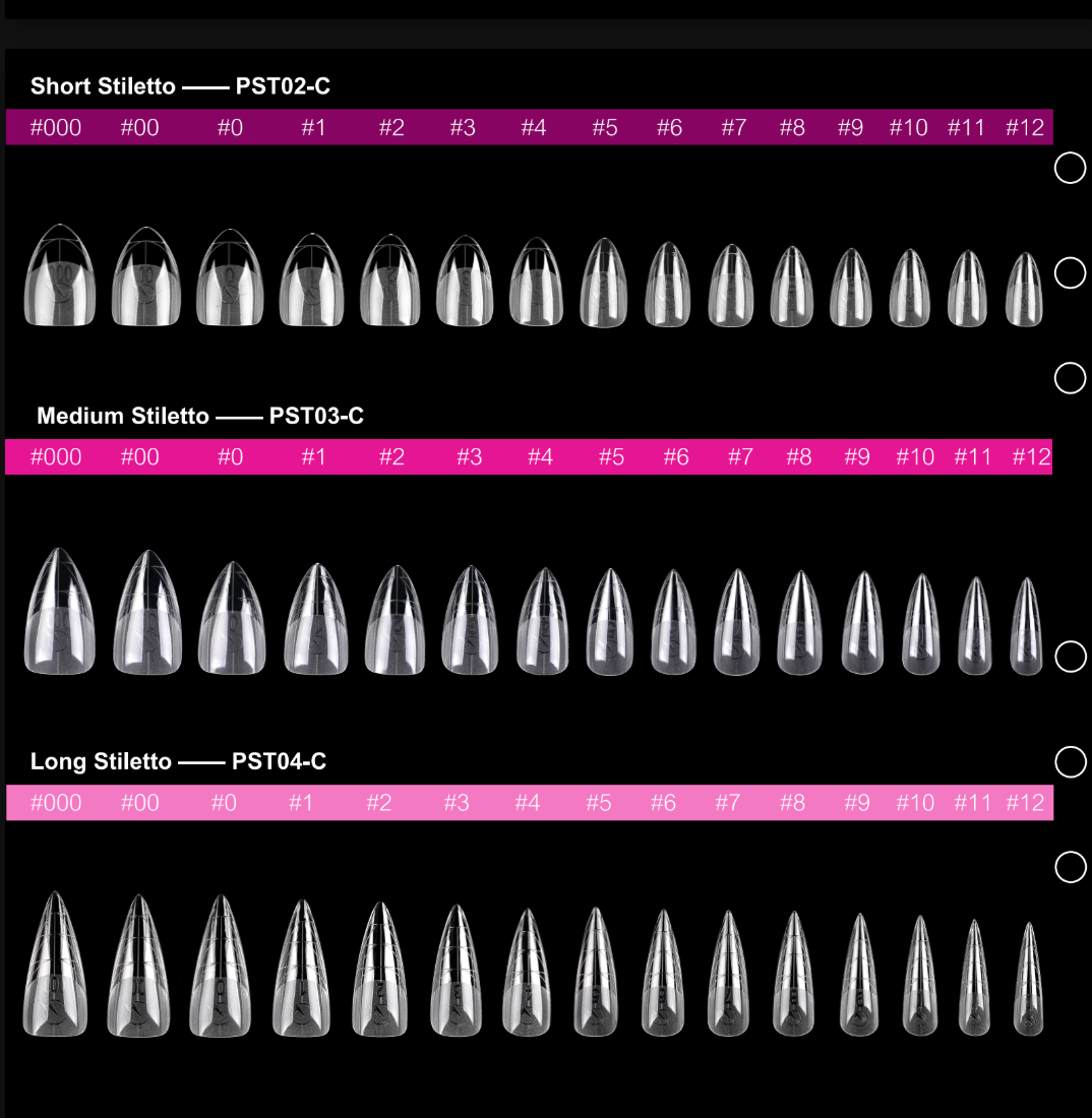 PRO QX TIPS- MEDIUM STILETTO -CLEAR-750 PCS- HALF MATTE- 15 SIZES - PRO GUIDE LINES- BUY 1 FREE 1