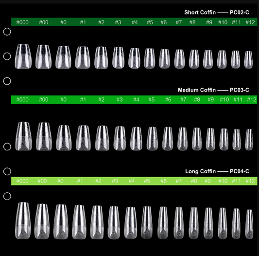 PRO QX TIPS- MEDIUM COFFIN -CLEAR-750 PCS- HALF MATTE- 15 SIZES - PRO GUIDE LINES- BUY 1 FREE 1