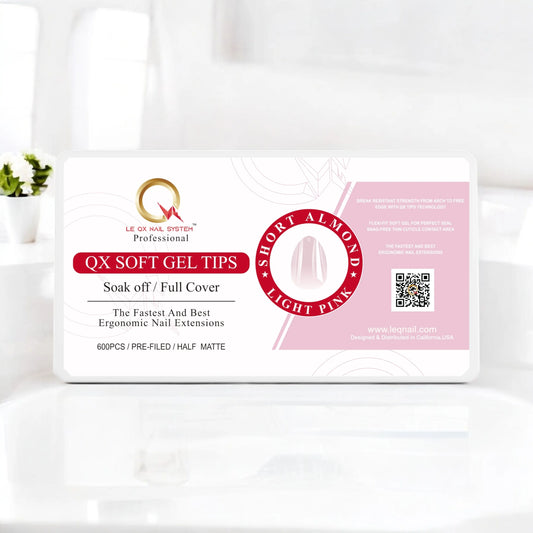 QX SOFT GEL TIPS - SHORT ALMOND - LIGHT PINK- Full Coverage/ Prefile . Buy 3 FREE 1