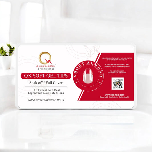QX SOFT GEL TIPS - SHORT ALMOND - Full Coverage/ Prefile Clear. Buy 3 FREE 1