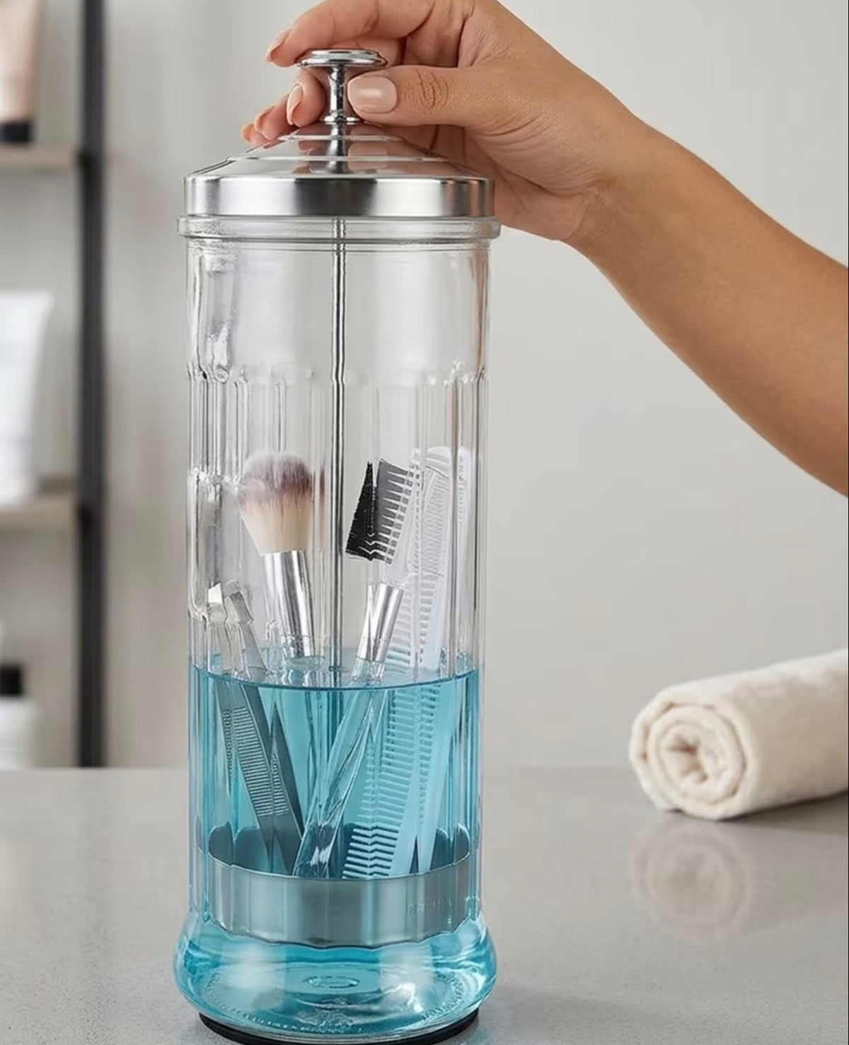Barber Essential, Hairdressing Tool Sterilizer - Glass Disinfection Jar with Stainless Steel Lid for Salon & Barber Scissors, Combs & Accessories- Large
