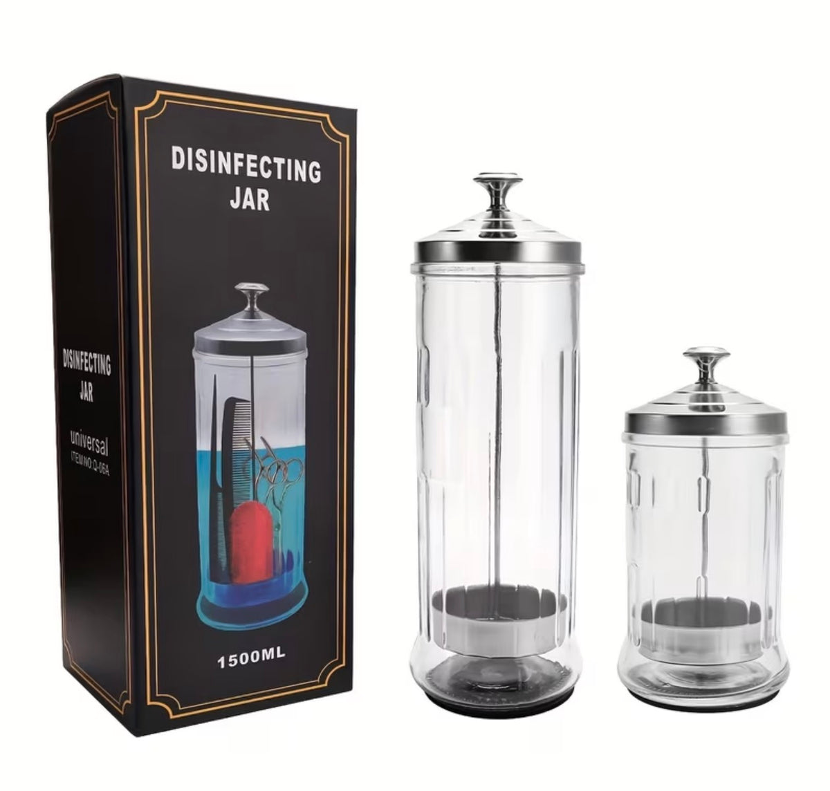 Barber Essential, Hairdressing Tool Sterilizer - Glass Disinfection Jar with Stainless Steel Lid for Salon & Barber Scissors, Combs & Accessories- Large