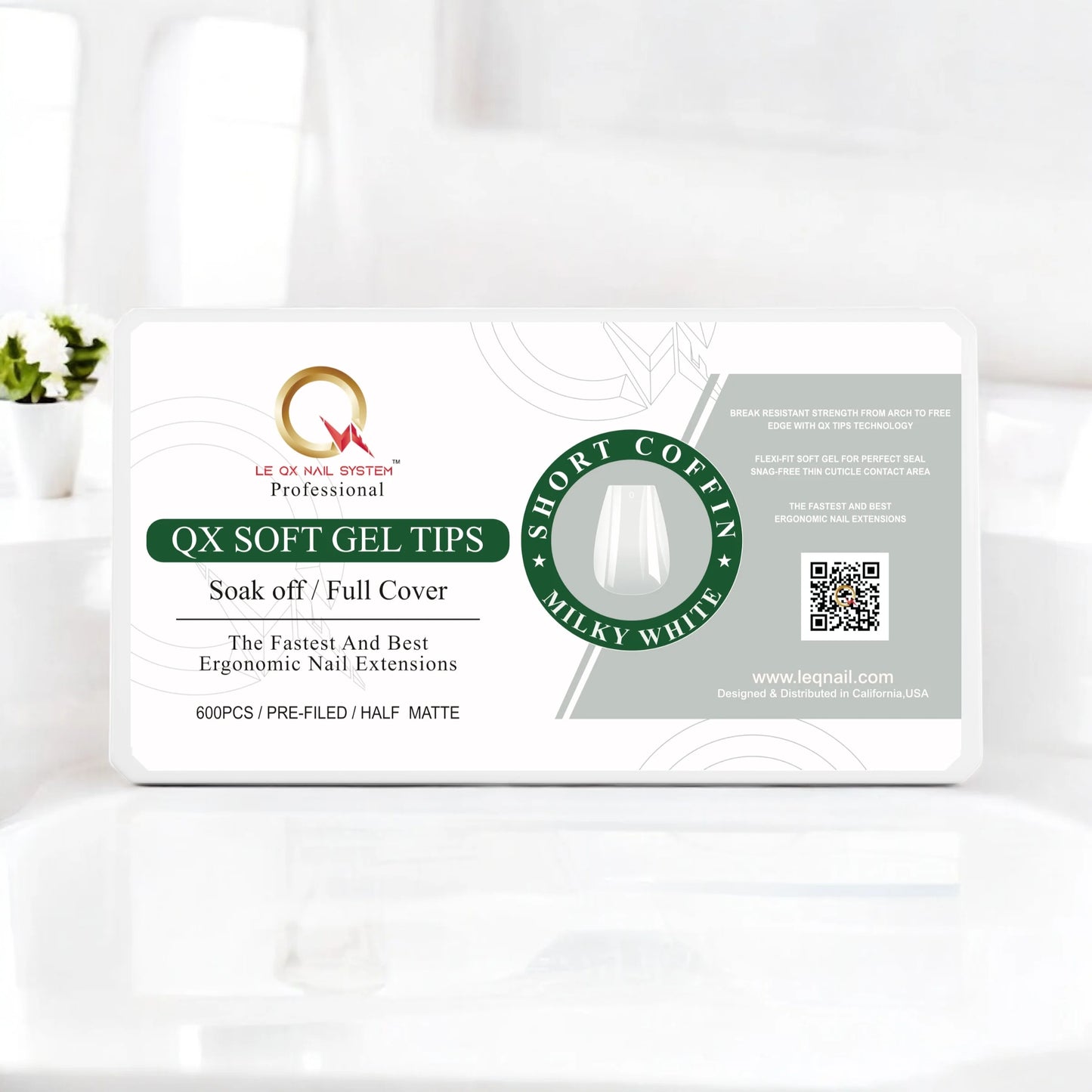 QX SOFT GEL TIPS - SHORT COFFIN - MILKY WHITE Full Coverage/ Pre-file .Buy 3 FREE 1