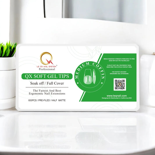 QX SOFT GEL TIPS - MEDIUM COFFIN - Full Coverage/ Pre-file Clear. Buy 3 FREE 1
