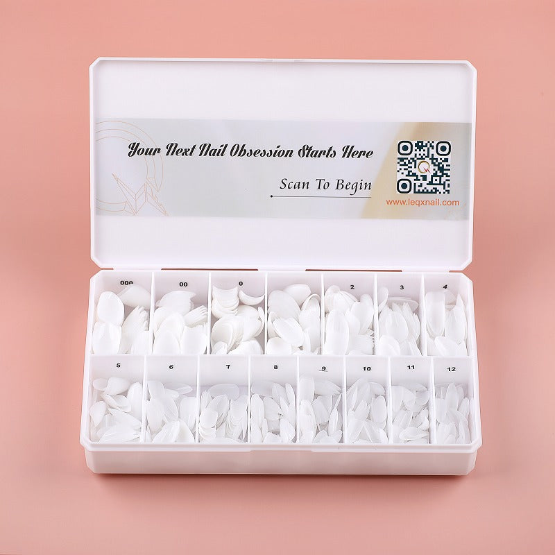 PRO QX TIPS- SHORT ALMOND-MILKY WHITE - 750 PCS- HALF MATTE- 15 SIZES - PRO GUIDE LINES- BUY 3 FREE 1