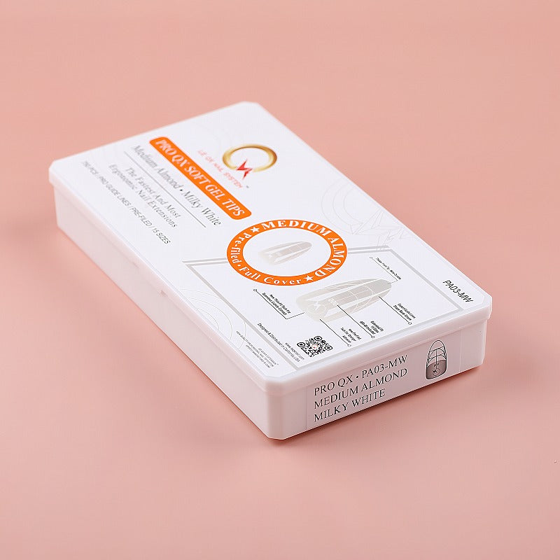 PRO QX TIPS- MEDIUM ALMOND- MILKY WHITE -750 PCS- HALF MATTE- 15 SIZES - PRO GUIDE LINES- BUY 3 FREE 1