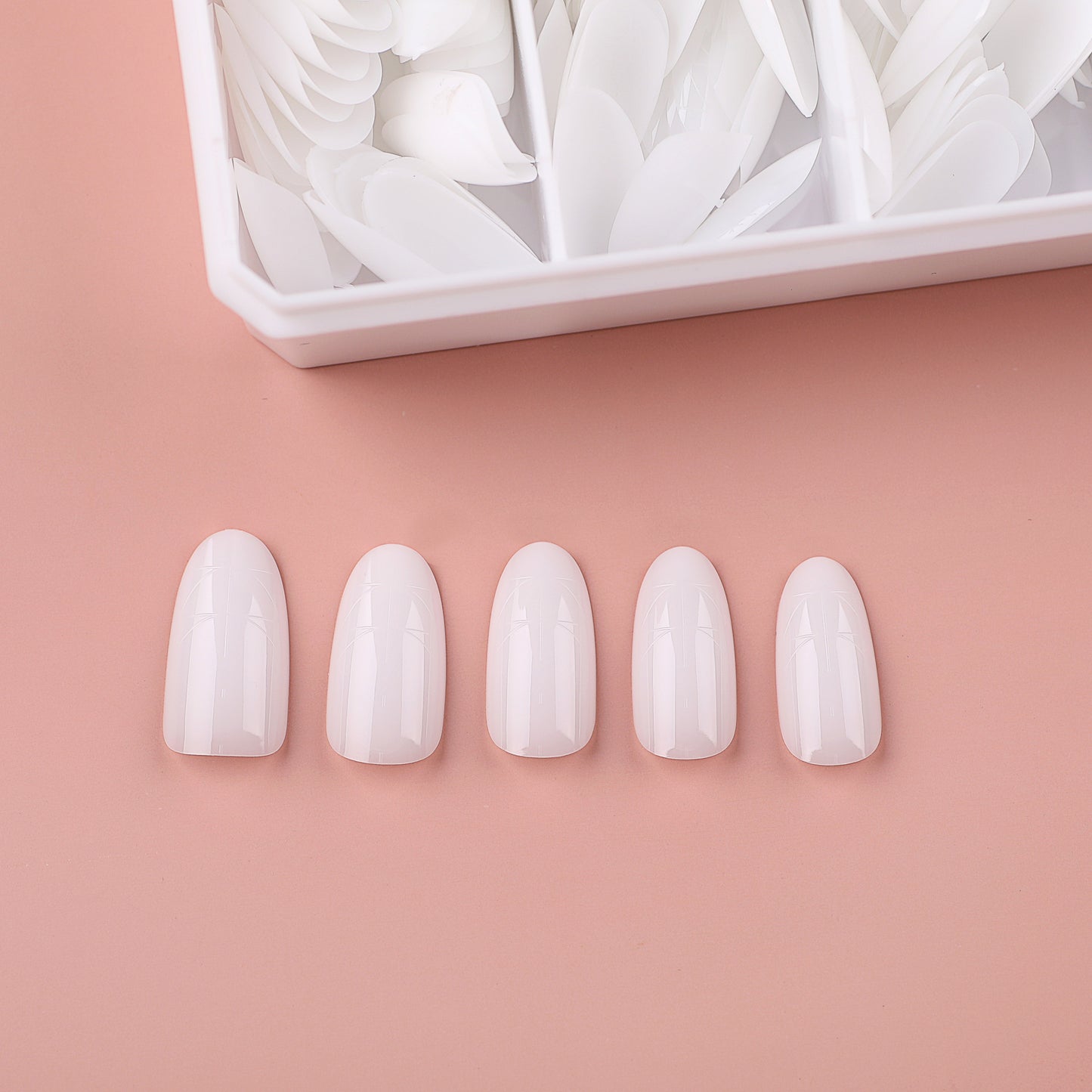 PRO QX TIPS- MEDIUM OVAL- MILKY WHITE -750 PCS- HALF MATTE- 15 SIZES - PRO GUIDE LINES- BUY 3 FREE 1
