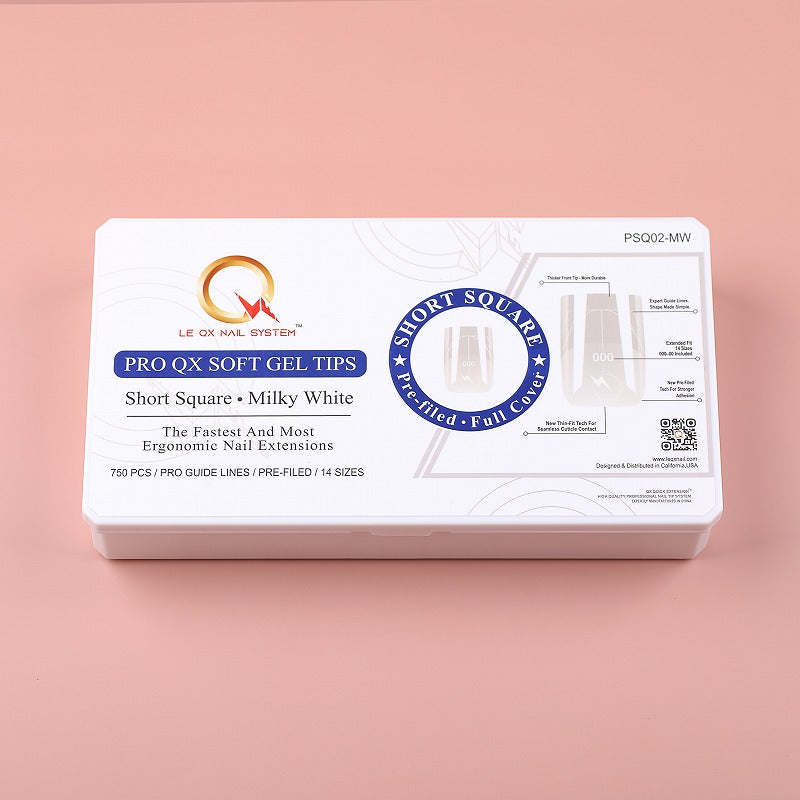 PRO QX TIPS- SHORT SQUARE-MILKY WHITE - 750 PCS- HALF MATTE- 15 SIZES - PRO GUIDE LINES- BUY 3 FREE 1