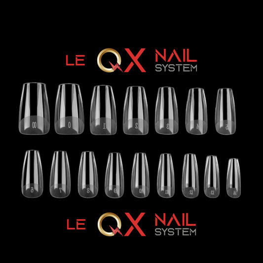 QX SOFT GEL TIPS - MEDIUM TAPERED SLEEK COFFIN - CLEAR - Full Coverage/ Pre-file Clear. Buy 3 FREE 1