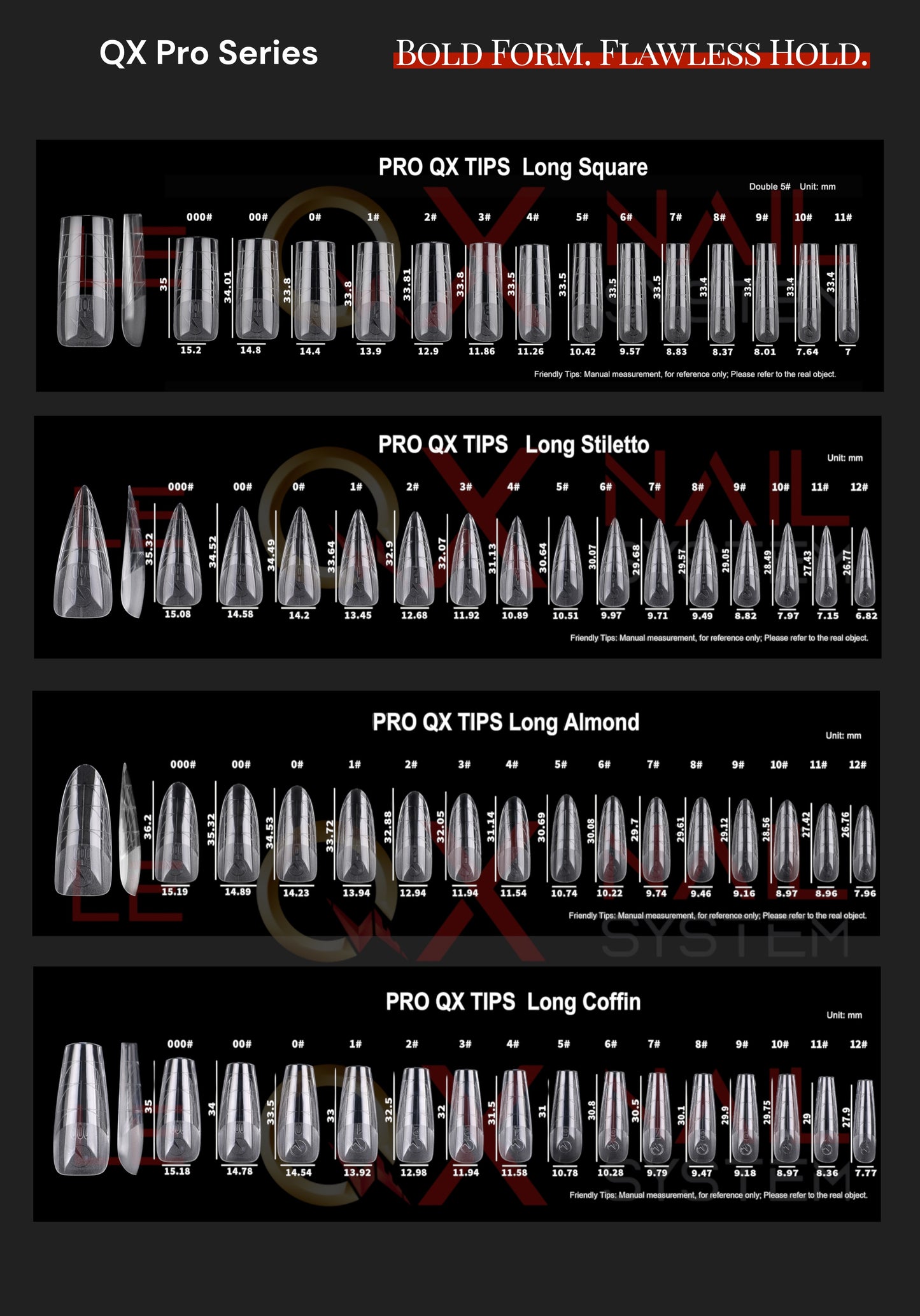 PRO QX TIPS- COMBO 9 BOXES -750 PCS- HALF MATTE- 14 SIZES - PRO GUIDE LINES