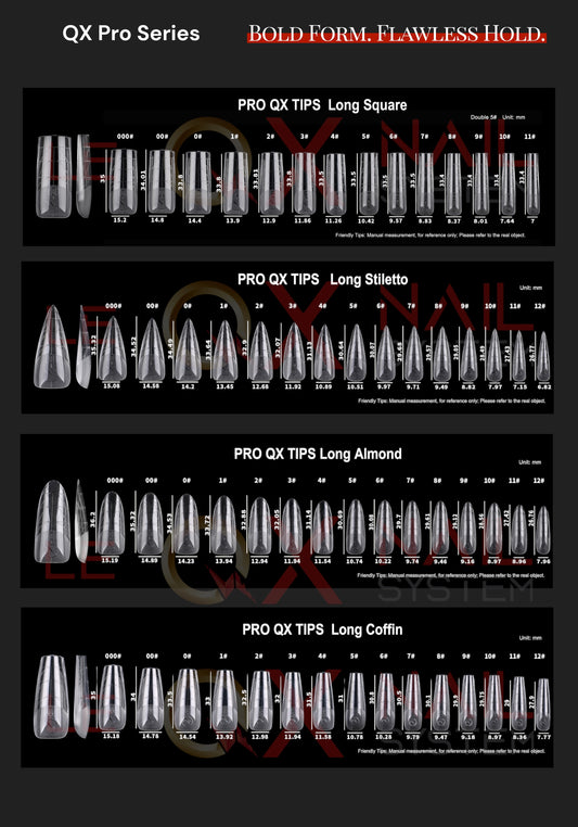 PRO QX TIPS- COMBO 9 BOXES -750 PCS- HALF MATTE- 14 SIZES - PRO GUIDE LINES