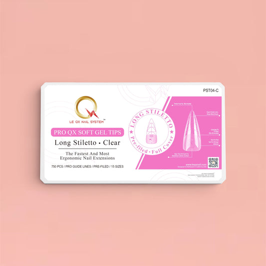 PRO QX TIPS-LONG STILETTO -CLEAR-750 PCS- HALF MATTE- 15 SIZES - PRO GUIDE LINES- BUY 1 FREE 1