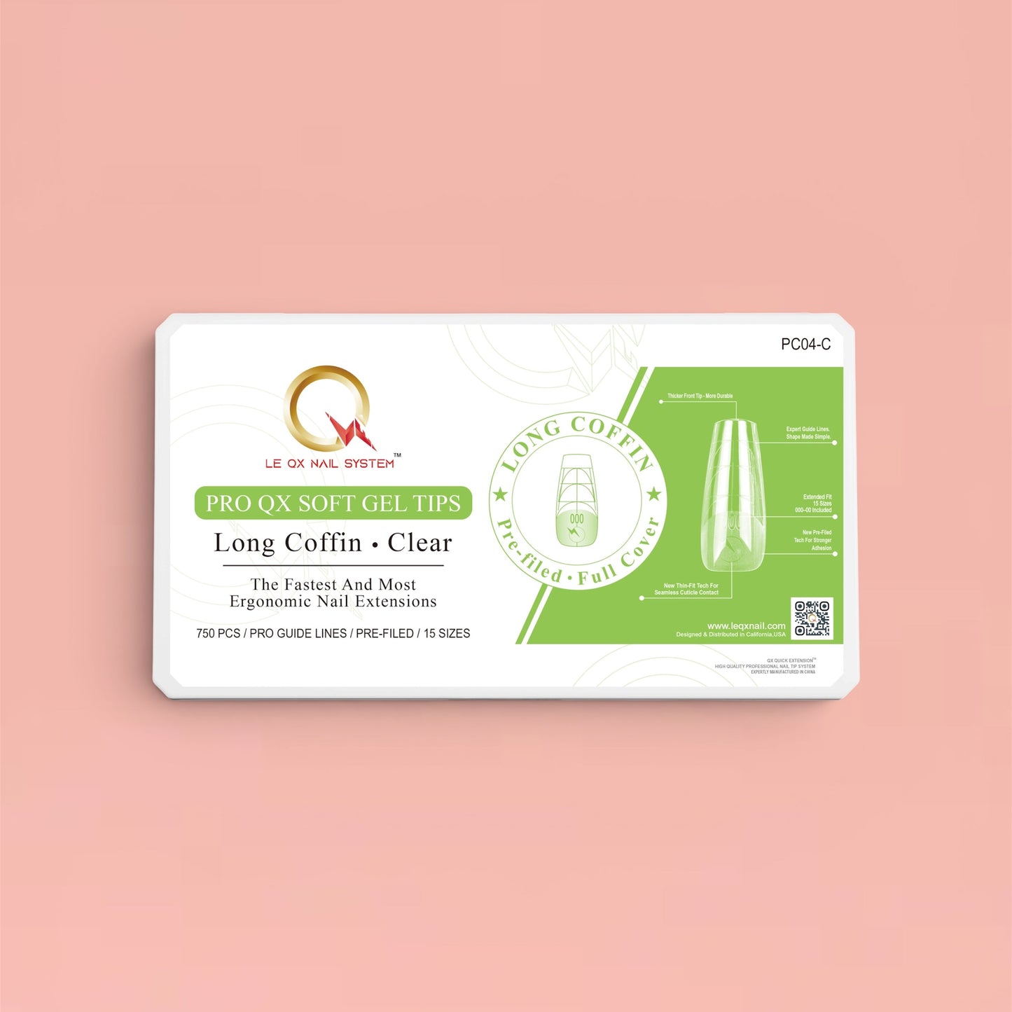 PRO QX TIPS- LONG COFFIN -CLEAR-750 PCS- HALF MATTE- 15 SIZES - PRO GUIDE LINES- BUY 1 FREE 1