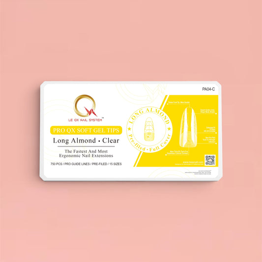 PRO QX TIPS- LONG ALMOND-CLEAR-750 PCS- HALF MATTE- 15 SIZES - PRO GUIDE LINES- BUY 1 FREE 1