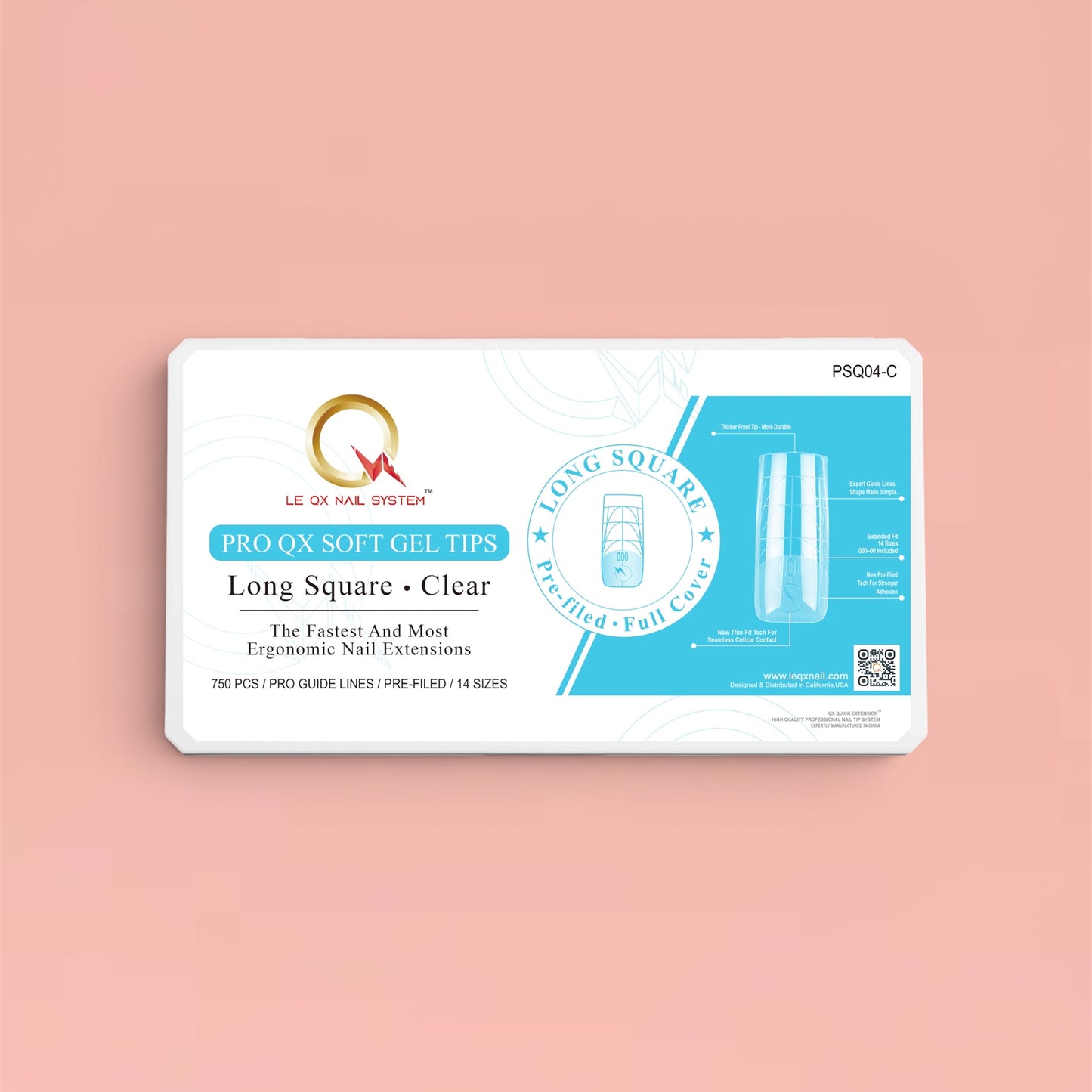 PRO QX TIPS- LONG SQUARE-CLEAR-750 PCS- HALF MATTE- 15 SIZES - PRO GUIDE LINES- BUY 1 FREE 1