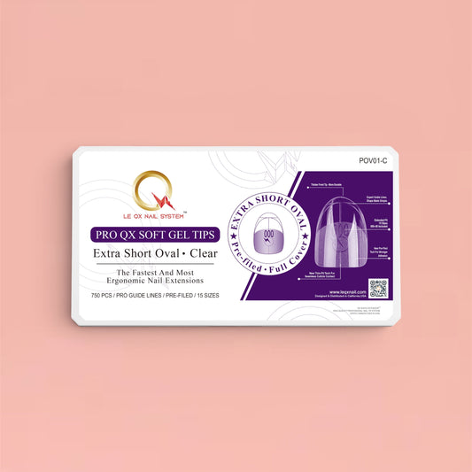 PRO QX TIPS- EXTRA SHORT OVAL-CLEAR-750 PCS- HALF MATTE- 15 SIZES - PRO GUIDE LINES- BUY 1 FREE 1