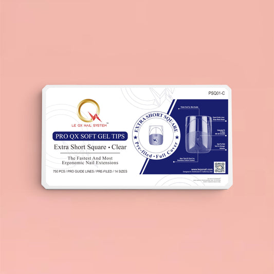 PRO QX TIPS- EXTRA SHORT SQUARE-CLEAR-750 PCS- HALF MATTE- 15 SIZES - PRO GUIDE LINES- BUY 1 FREE 1