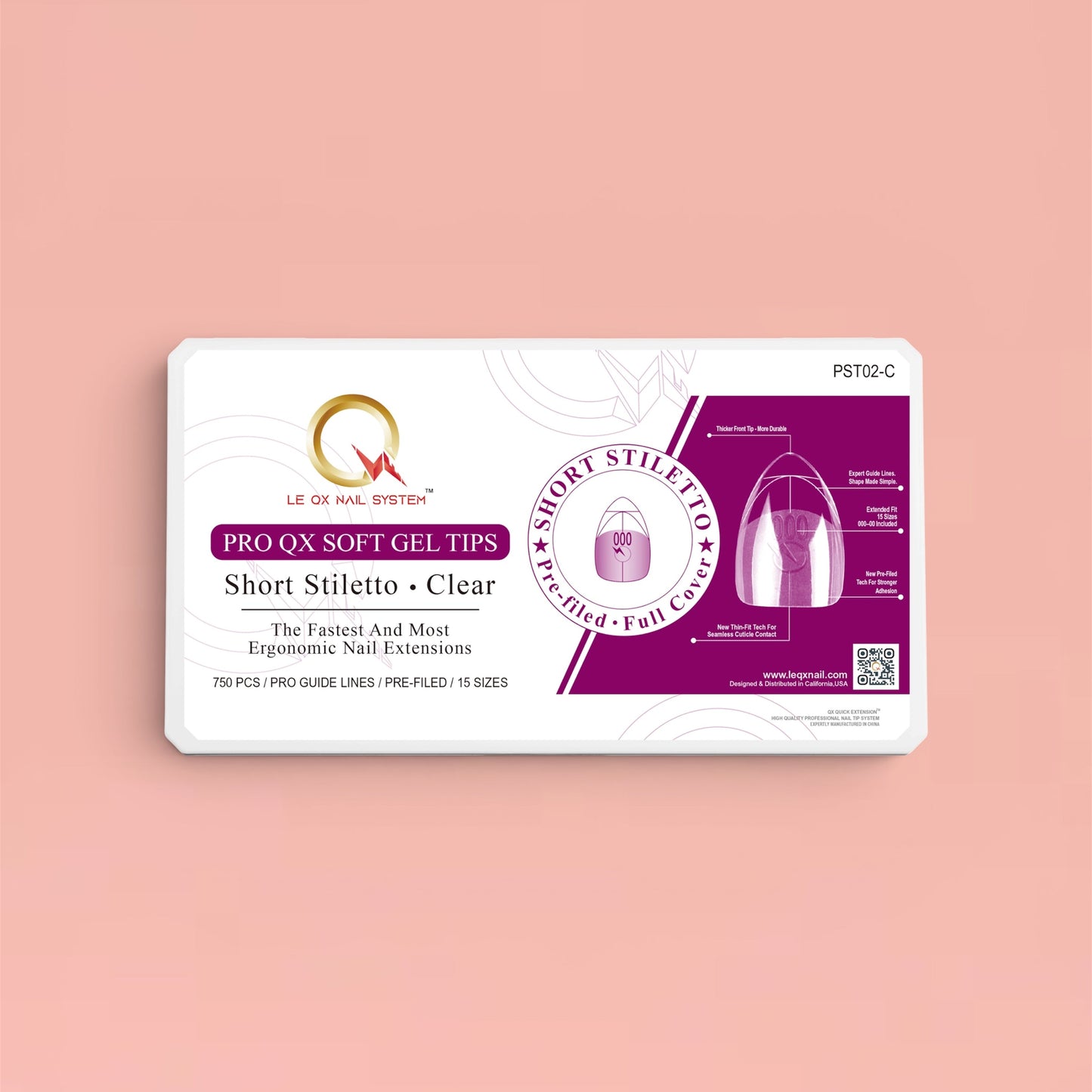 PRO QX TIPS- SHORT STILETTO -CLEAR-750 PCS- HALF MATTE- 15 SIZES - PRO GUIDE LINES- BUY 1 FREE 1
