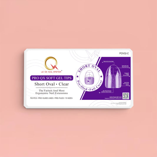 PRO QX TIPS- SHORT OVAL-CLEAR-750 PCS- HALF MATTE- 15 SIZES - PRO GUIDE LINES- BUY 1 FREE 1