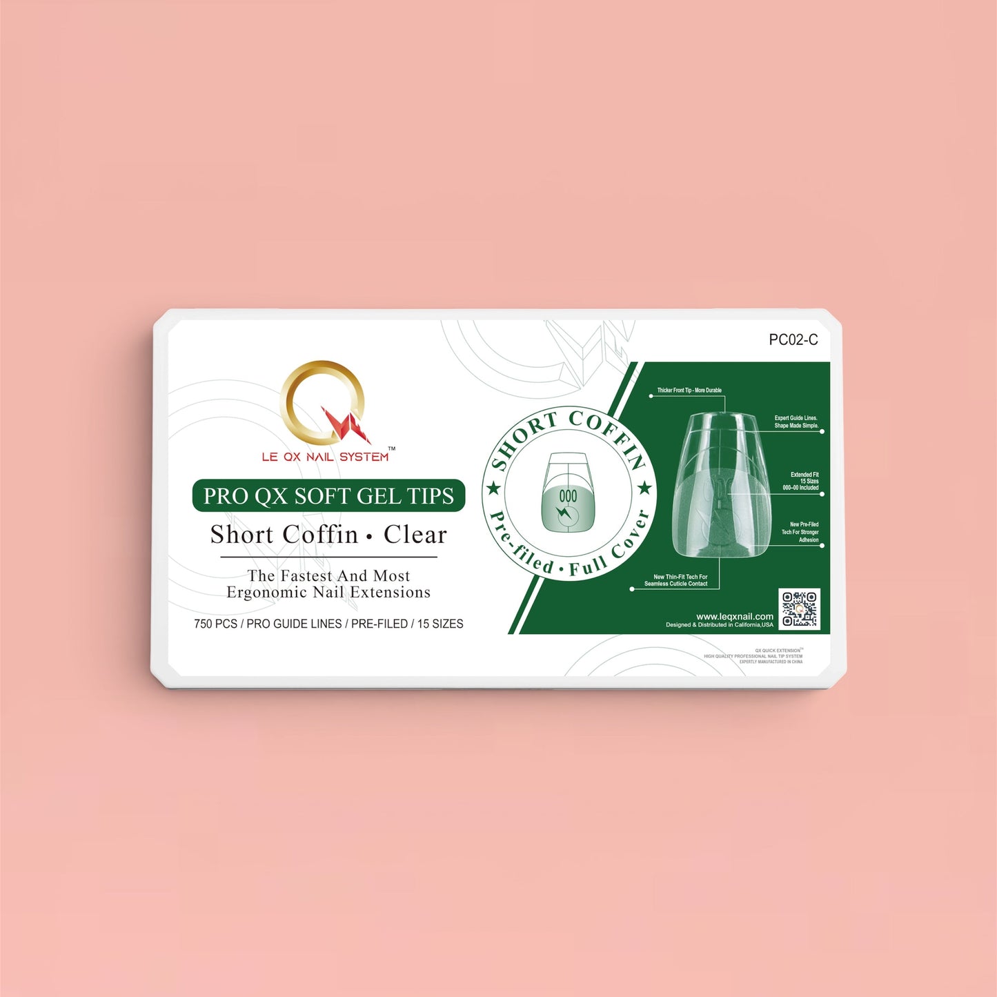 PRO QX TIPS- SHORT COFFIN -CLEAR-750 PCS- HALF MATTE- 15 SIZES - PRO GUIDE LINES- BUY 1 FREE 1