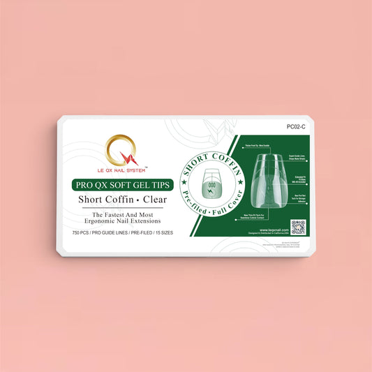 PRO QX TIPS- SHORT COFFIN -CLEAR-750 PCS- HALF MATTE- 15 SIZES - PRO GUIDE LINES- BUY 1 FREE 1