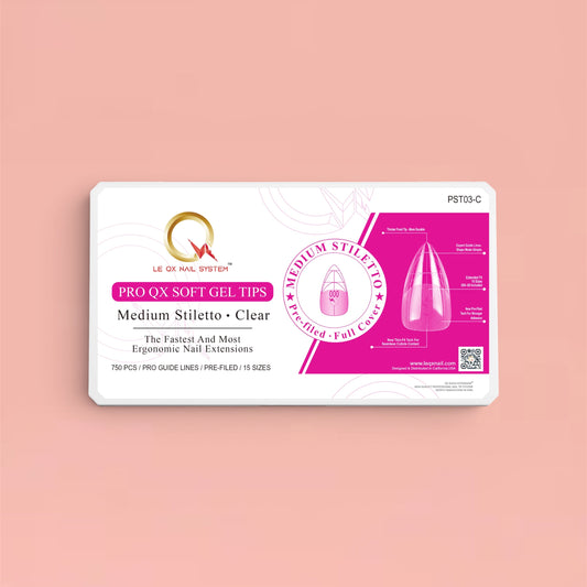 PRO QX TIPS- MEDIUM STILETTO -CLEAR-750 PCS- HALF MATTE- 15 SIZES - PRO GUIDE LINES- BUY 1 FREE 1