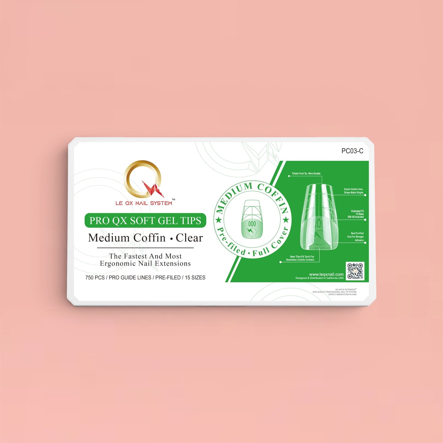 PRO QX TIPS- MEDIUM COFFIN -CLEAR-750 PCS- HALF MATTE- 15 SIZES - PRO GUIDE LINES- BUY 1 FREE 1