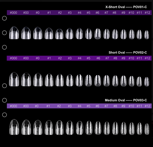 PRO QX TIPS- EXTRA SHORT OVAL-CLEAR-750 PCS- HALF MATTE- 15 SIZES - PRO GUIDE LINES- BUY 1 FREE 1