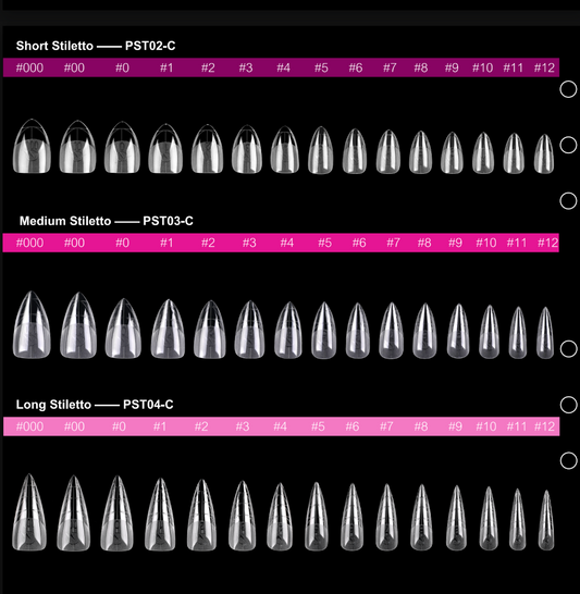 PRO QX TIPS-LONG STILETTO -CLEAR-750 PCS- HALF MATTE- 15 SIZES - PRO GUIDE LINES- BUY 1 FREE 1