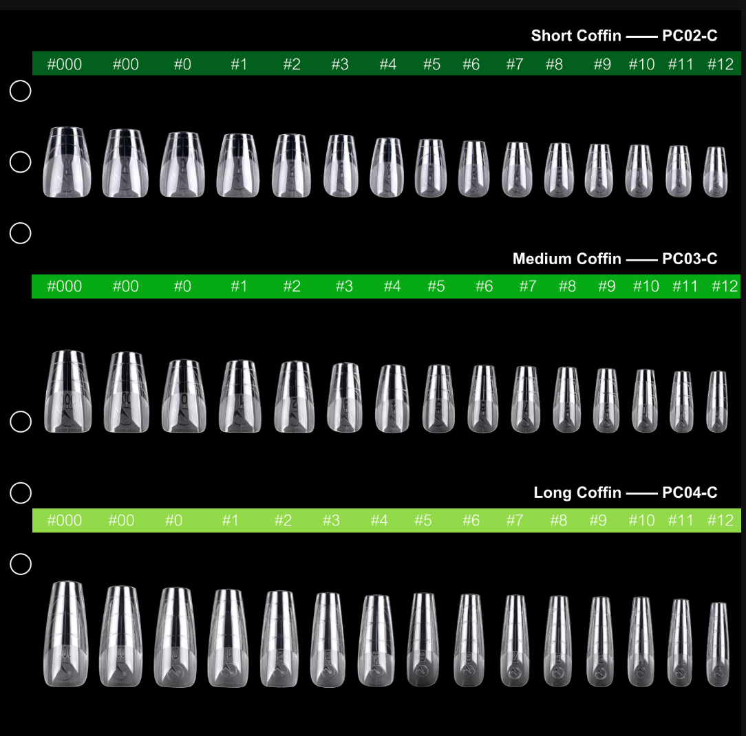 PRO QX TIPS- MEDIUM COFFIN -CLEAR-750 PCS- HALF MATTE- 15 SIZES - PRO GUIDE LINES- BUY 1 FREE 1