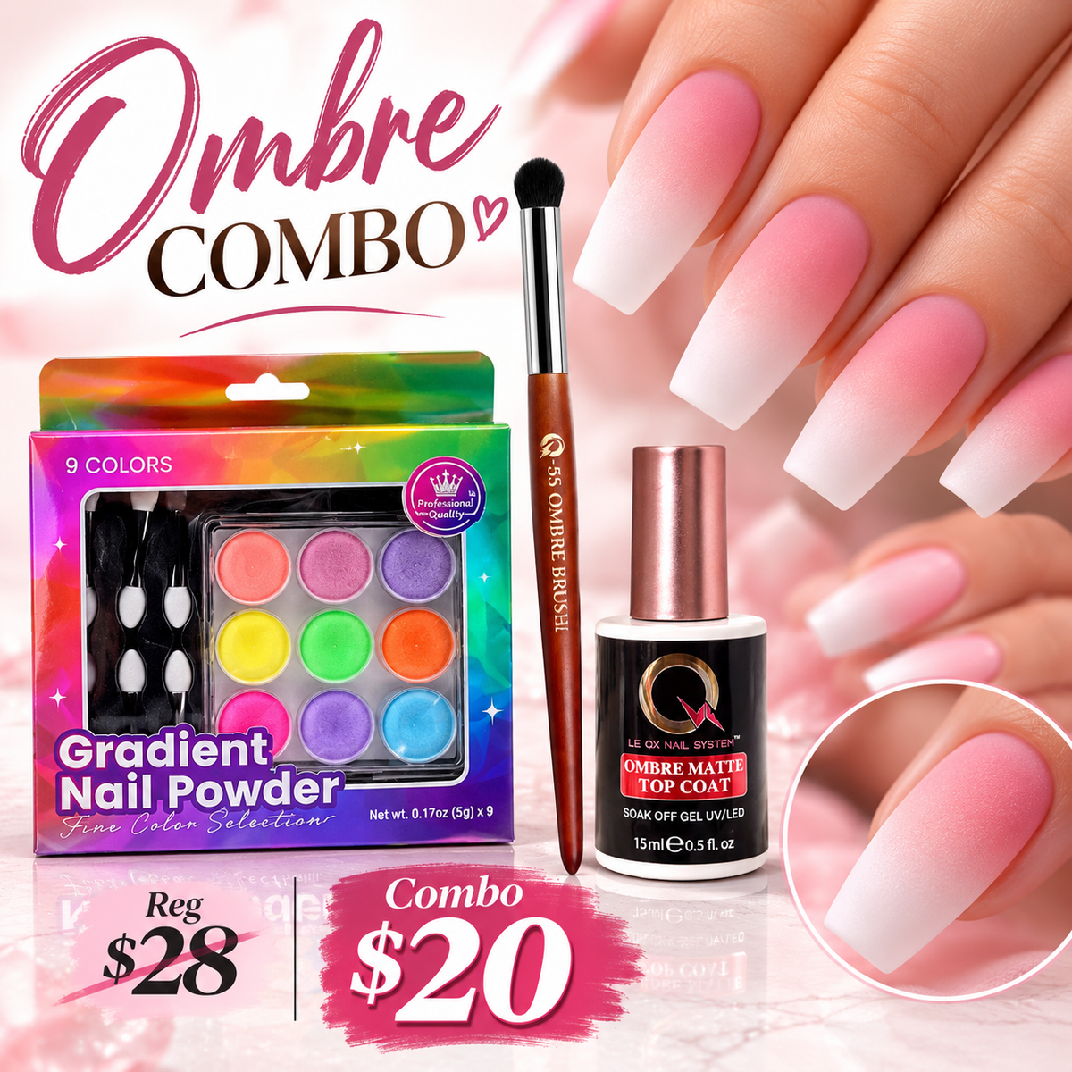 3-piece ombre combo with pigment palette, 5S brush, and matte ombre gel